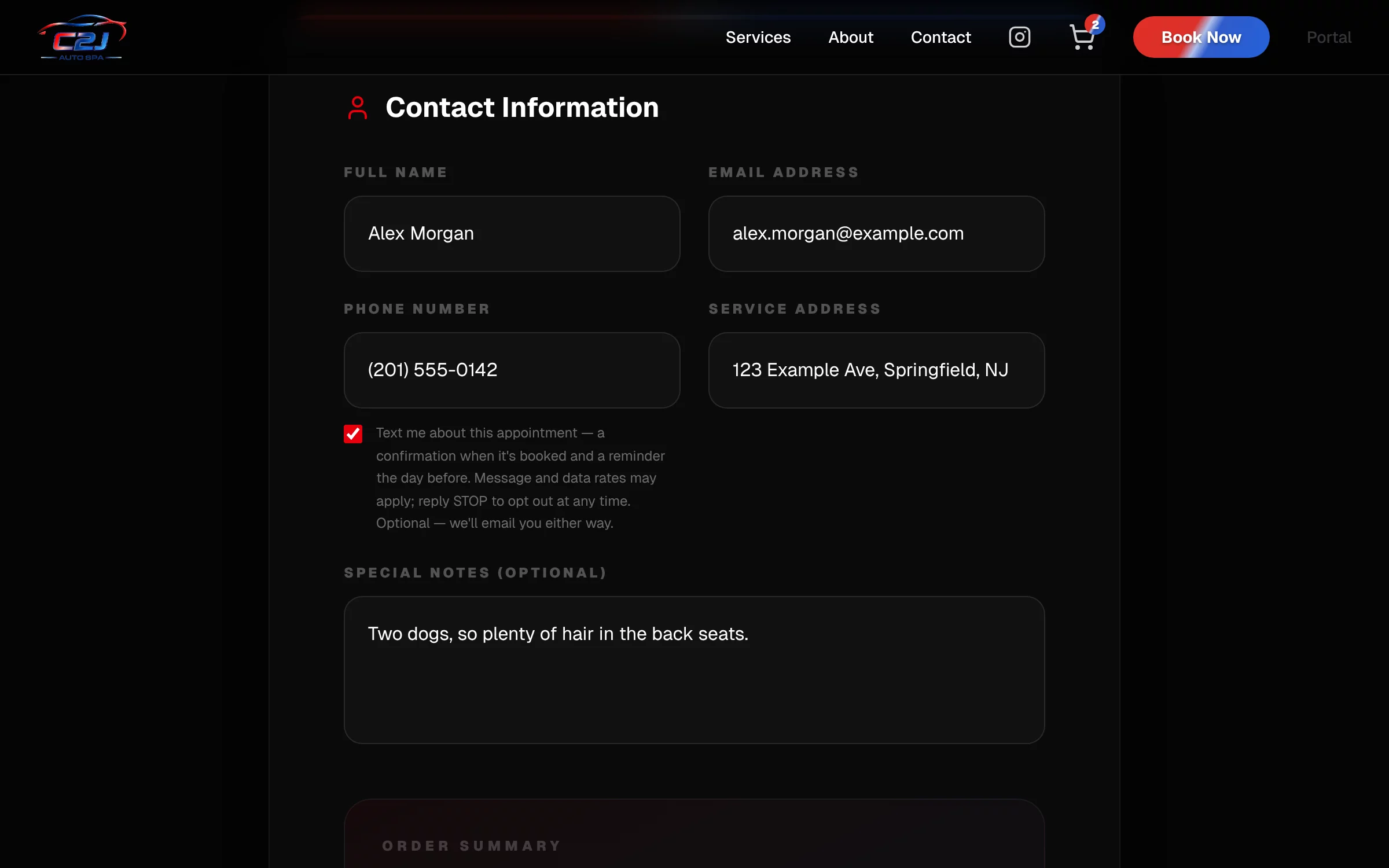 Contact form filled with fictional details and a separate checkbox to receive texts about the appointment