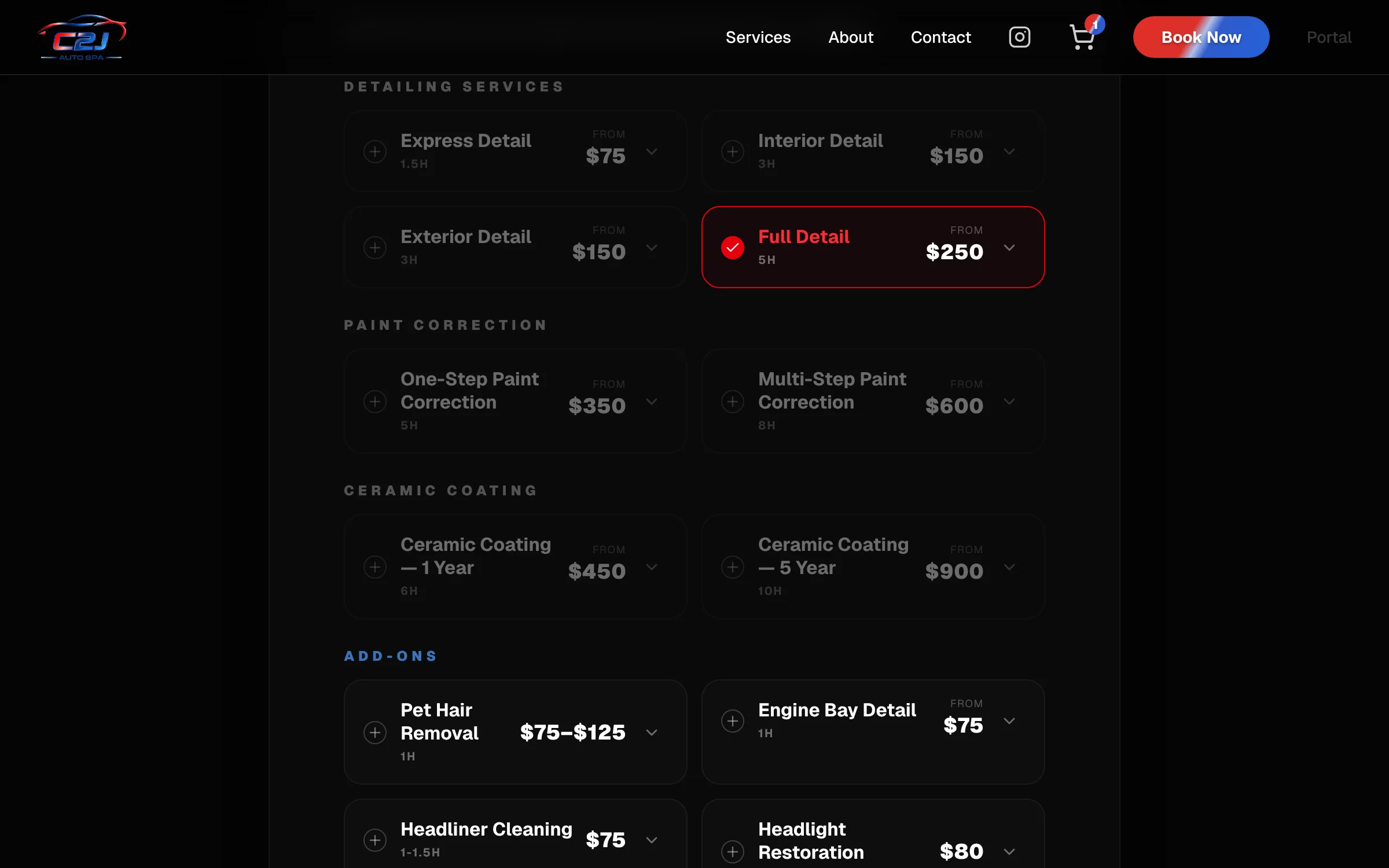 Full Detail selected with a red border while every other main service is faded and locked; add-ons stay available