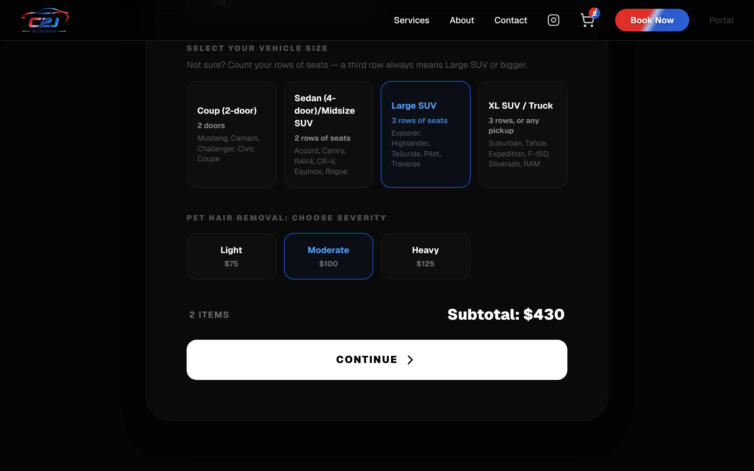 Vehicle size cards with Large SUV selected and a pet hair add-on set to Moderate, subtotal $430