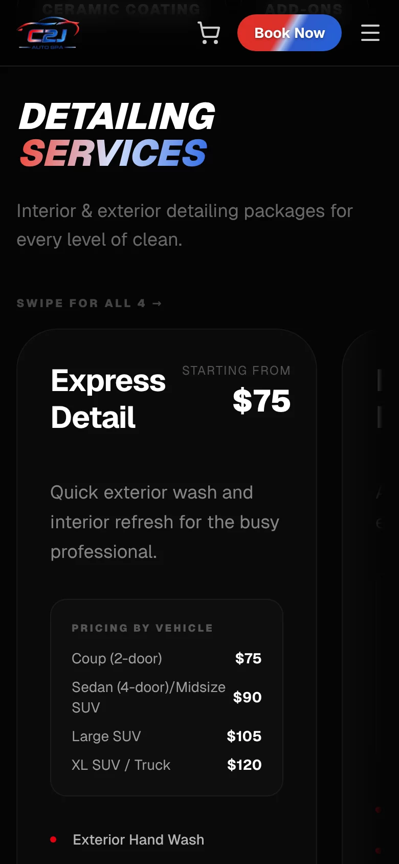Services shown as a sideways swipe rail on a phone with the next card peeking in