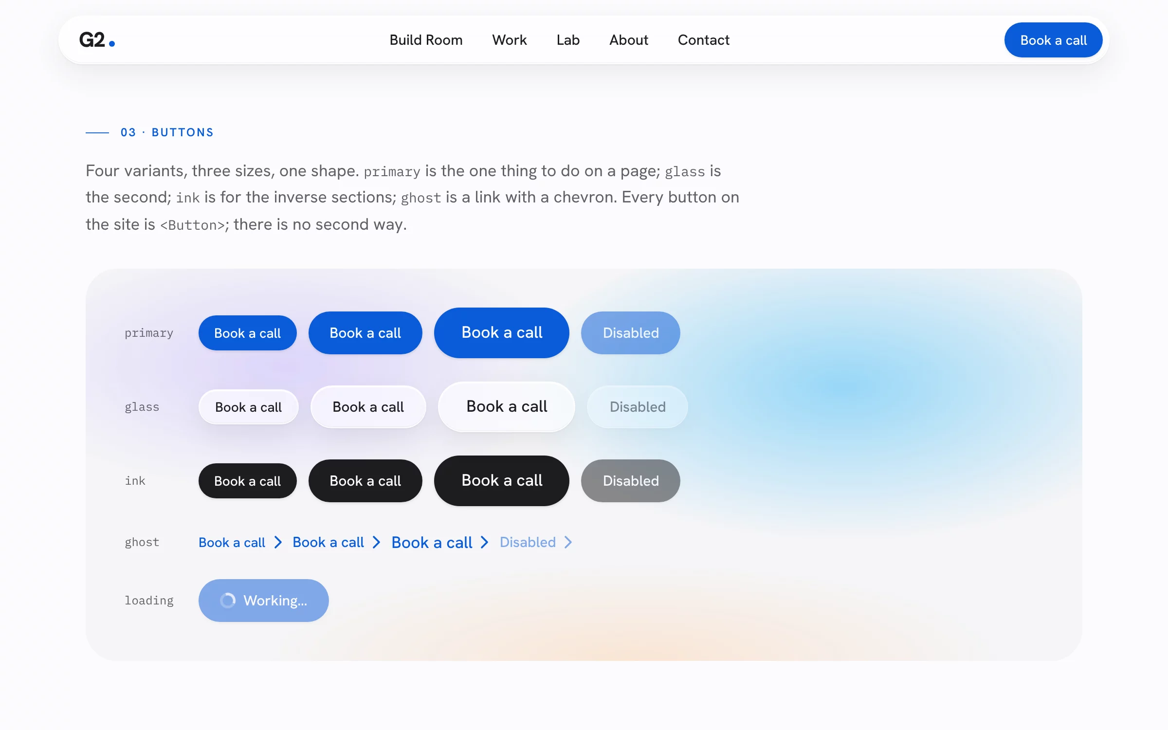 The G2 design system page showing four button variants in three sizes, plus disabled and loading states, over a soft blue glow