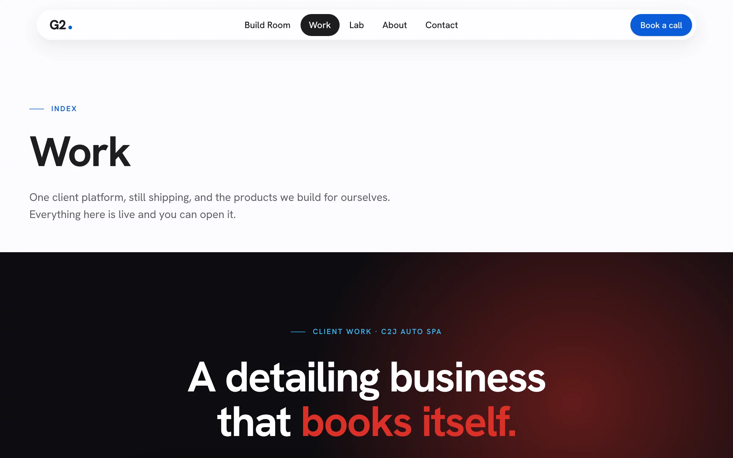 The G2 Work index, opening on the C2J Auto Spa case study band: 'A detailing business that books itself.'