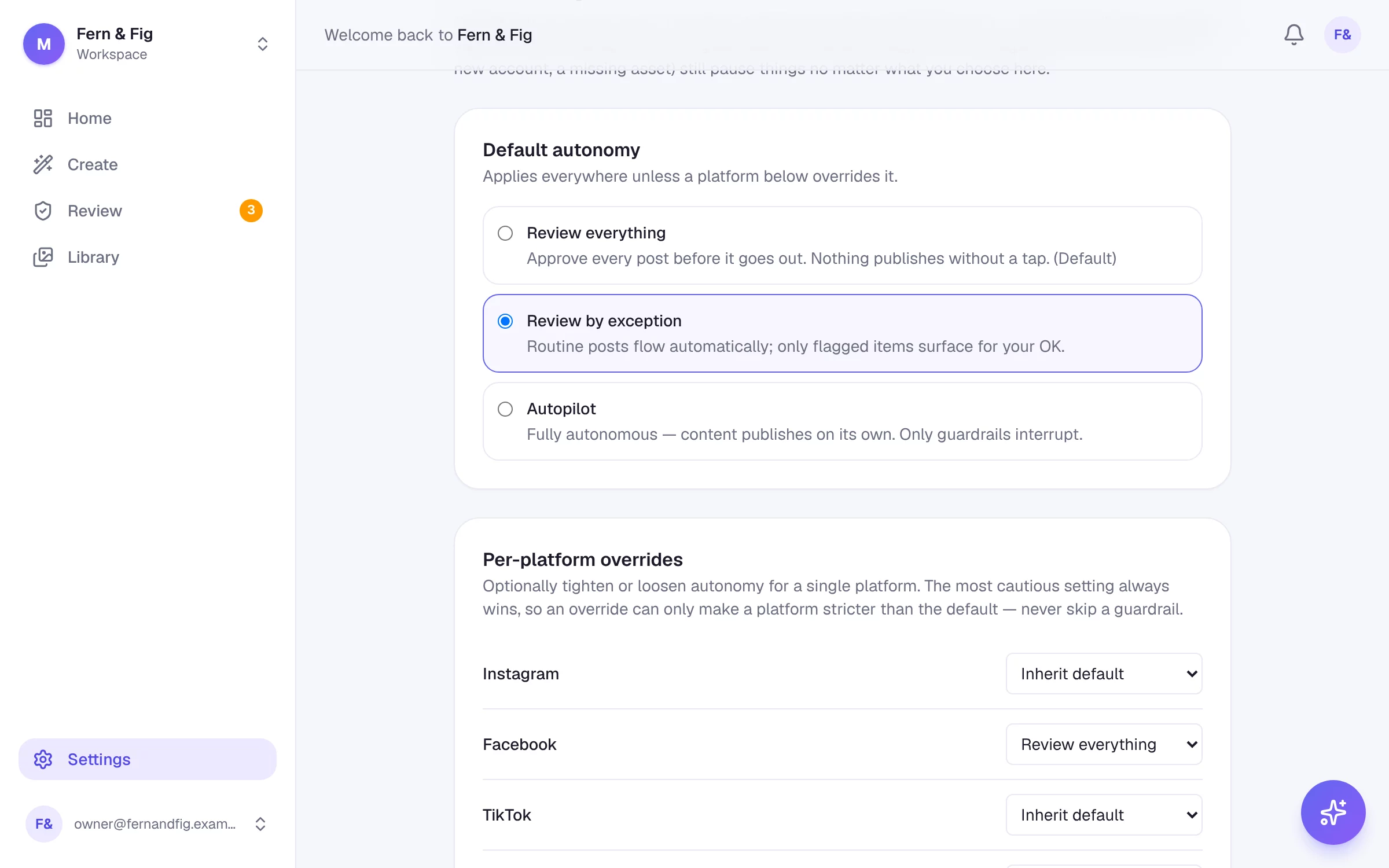 Autonomy settings: review everything, review by exception or autopilot, with per-platform overrides and the note that the most cautious setting always wins