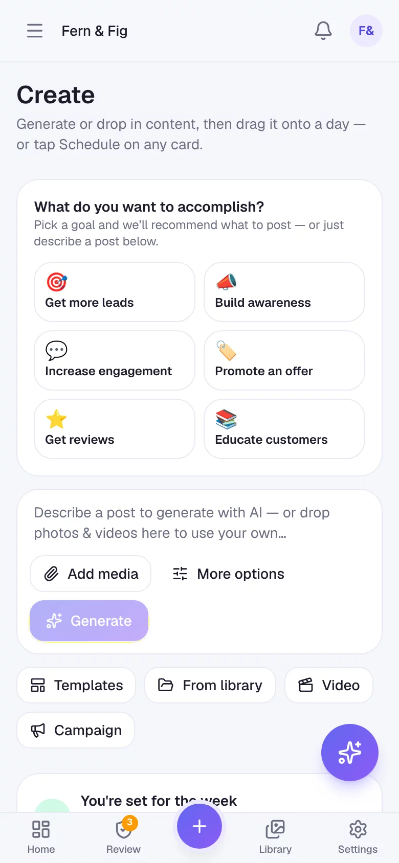 The Create page on a phone: goal cards, the prompt box and a tab bar with a raised Create button