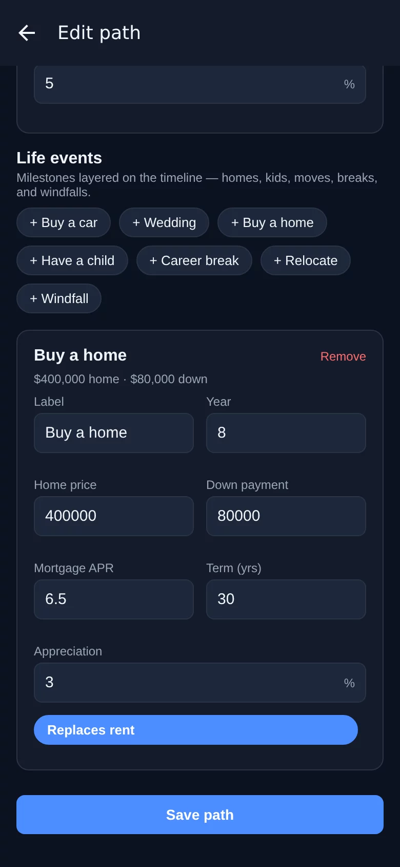 The Path Builder's life events section with quick-add chips and an editable Buy a home event: price, down payment, mortgage rate, term and appreciation