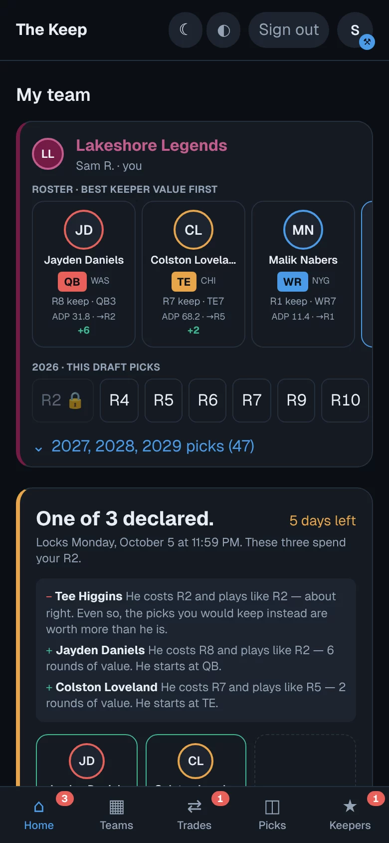 The home screen on a phone: the roster ranked by keeper value and a verdict on who is worth keeping, with a deadline countdown