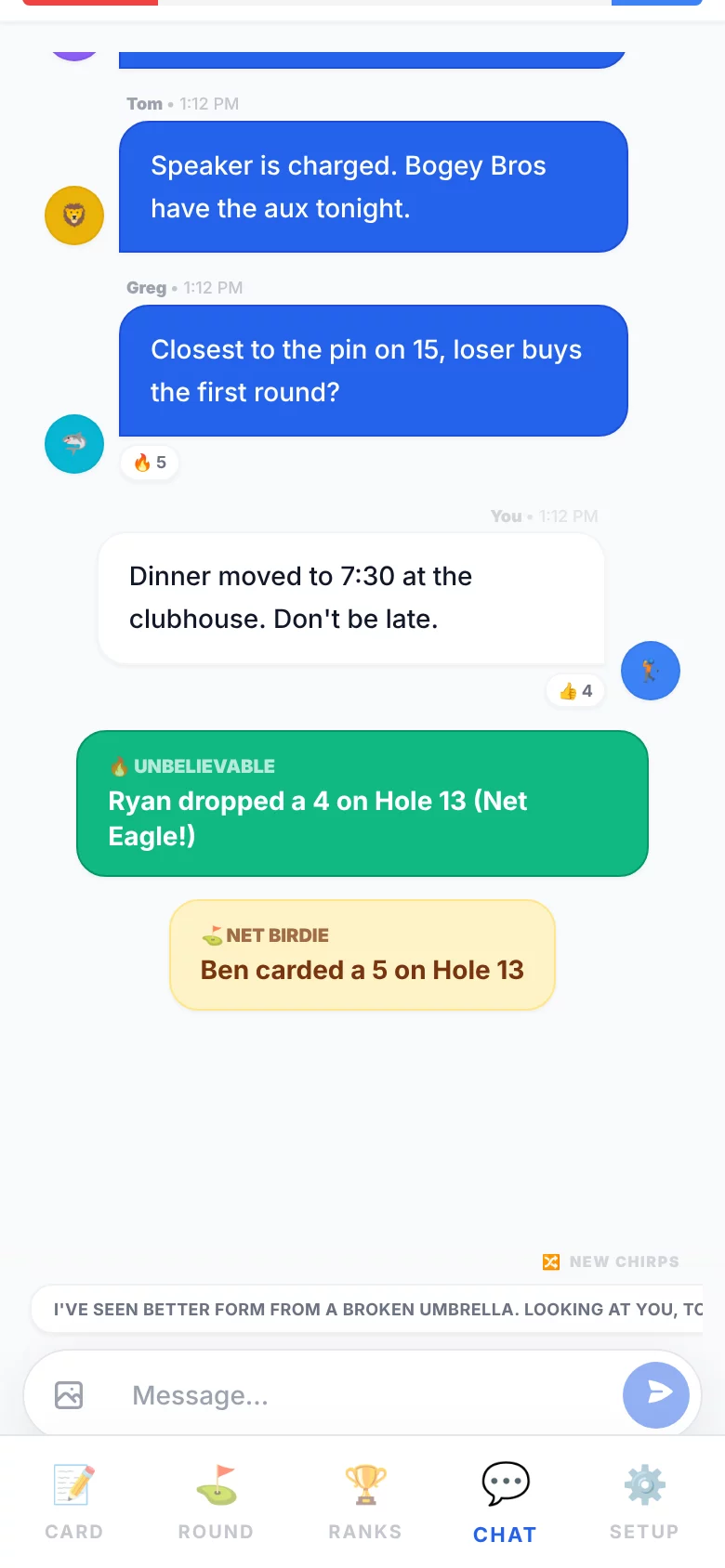 The group chat with reactions and automatic score alerts for a net eagle and a net birdie